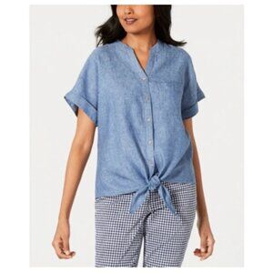 Charter Club Womens Small Blue Core Linen Front Tie Short Sleeve Top NWT U78